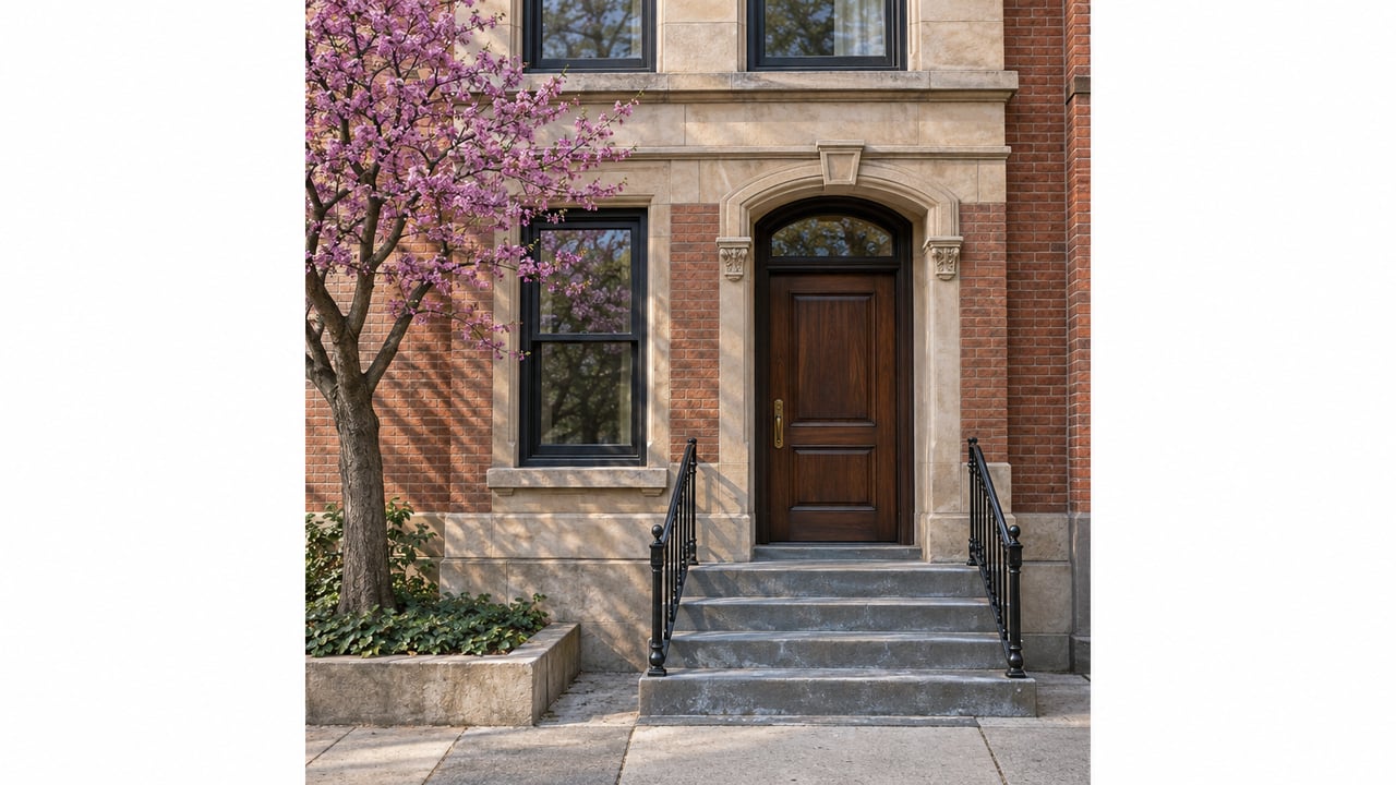 Brick-and-limestone townhouse with a recessed walnut door, arched transom, bluestone stoop, and pruned tree.