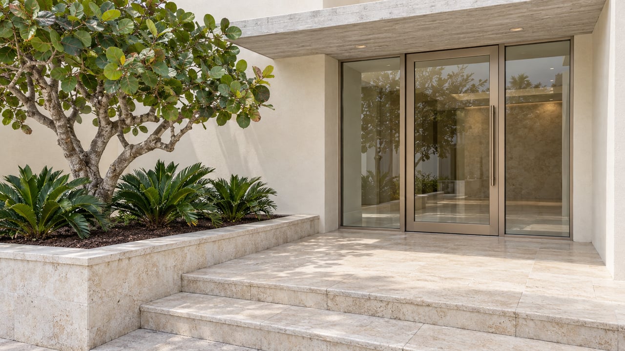 Cream residential entrance with limestone steps, a glass pivot door, and a sea grape tree in a raised planter.