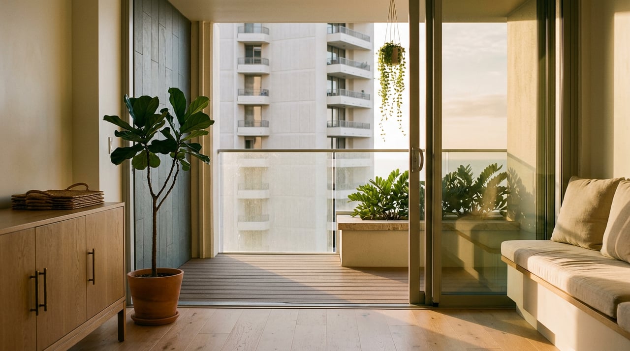 Living room opens onto a glass-railed lanai, sunlight crossing oak floors; tower facade beyond.