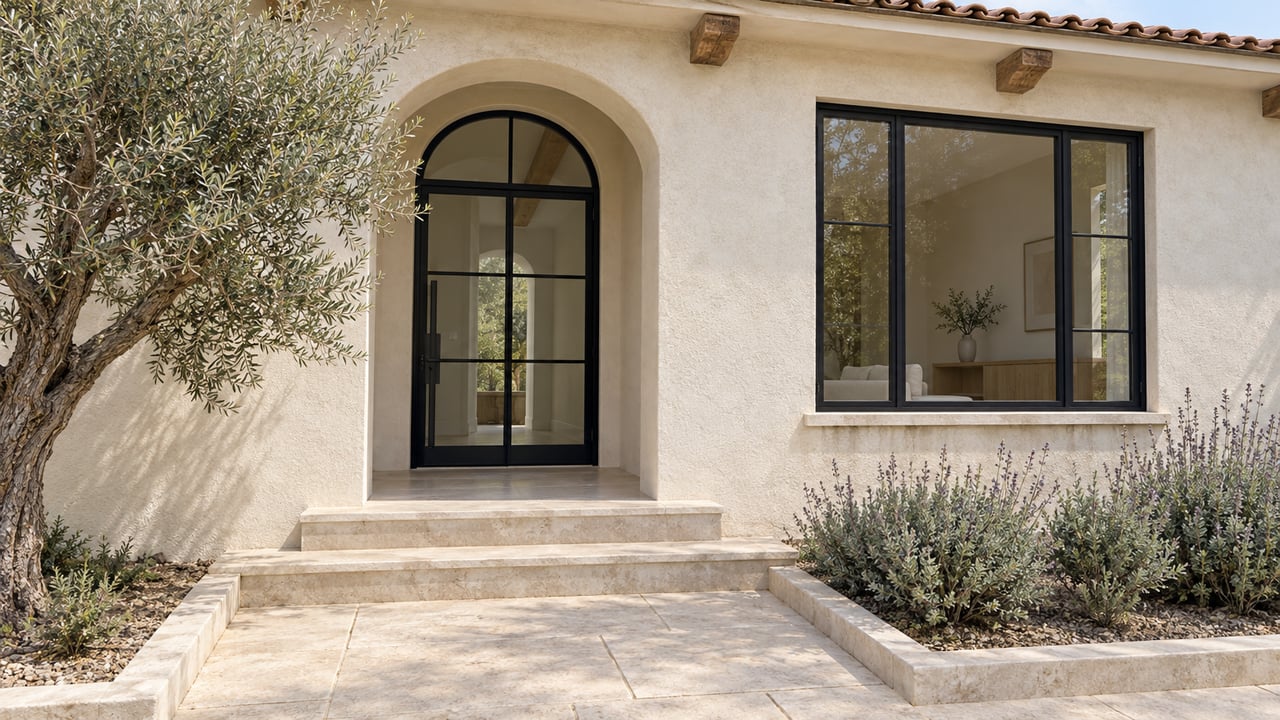 Ivory stucco home with a black arched glass entrance, limestone approach and steps, and a mature olive tree.