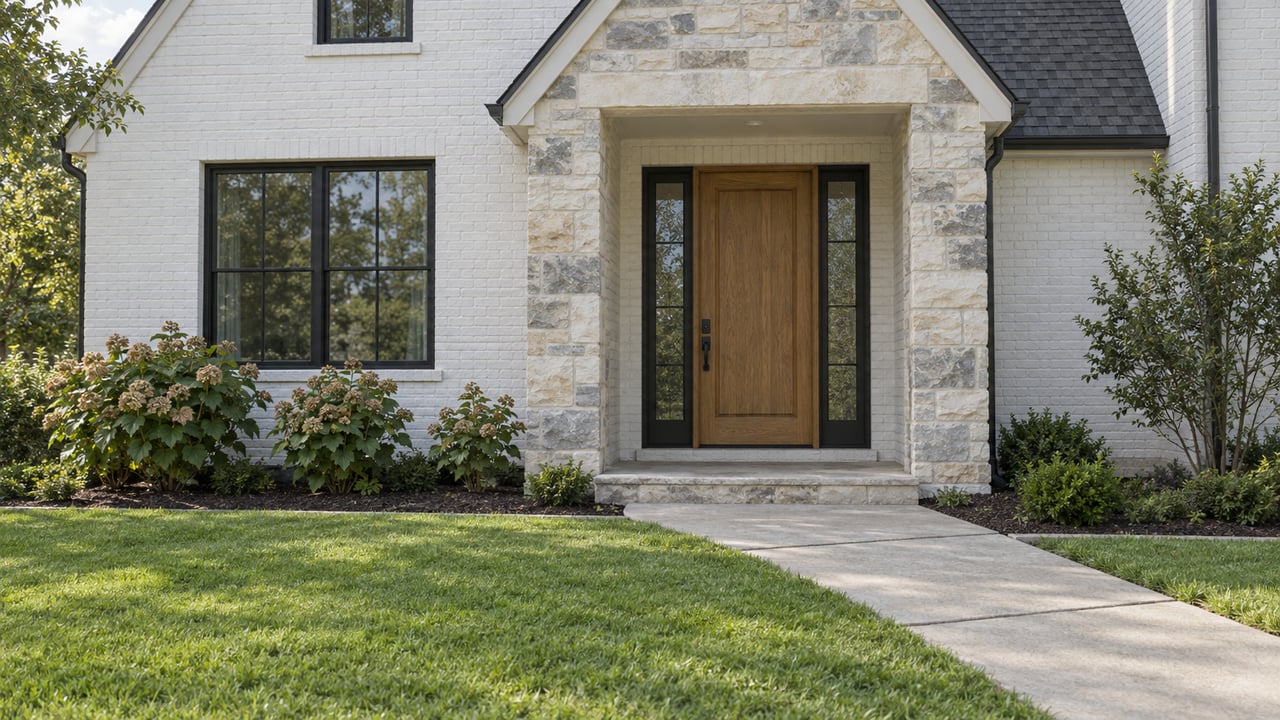 White painted-brick home with a steep gabled entry, oak door, black-framed glazing and a concrete approach across a broad green lawn.