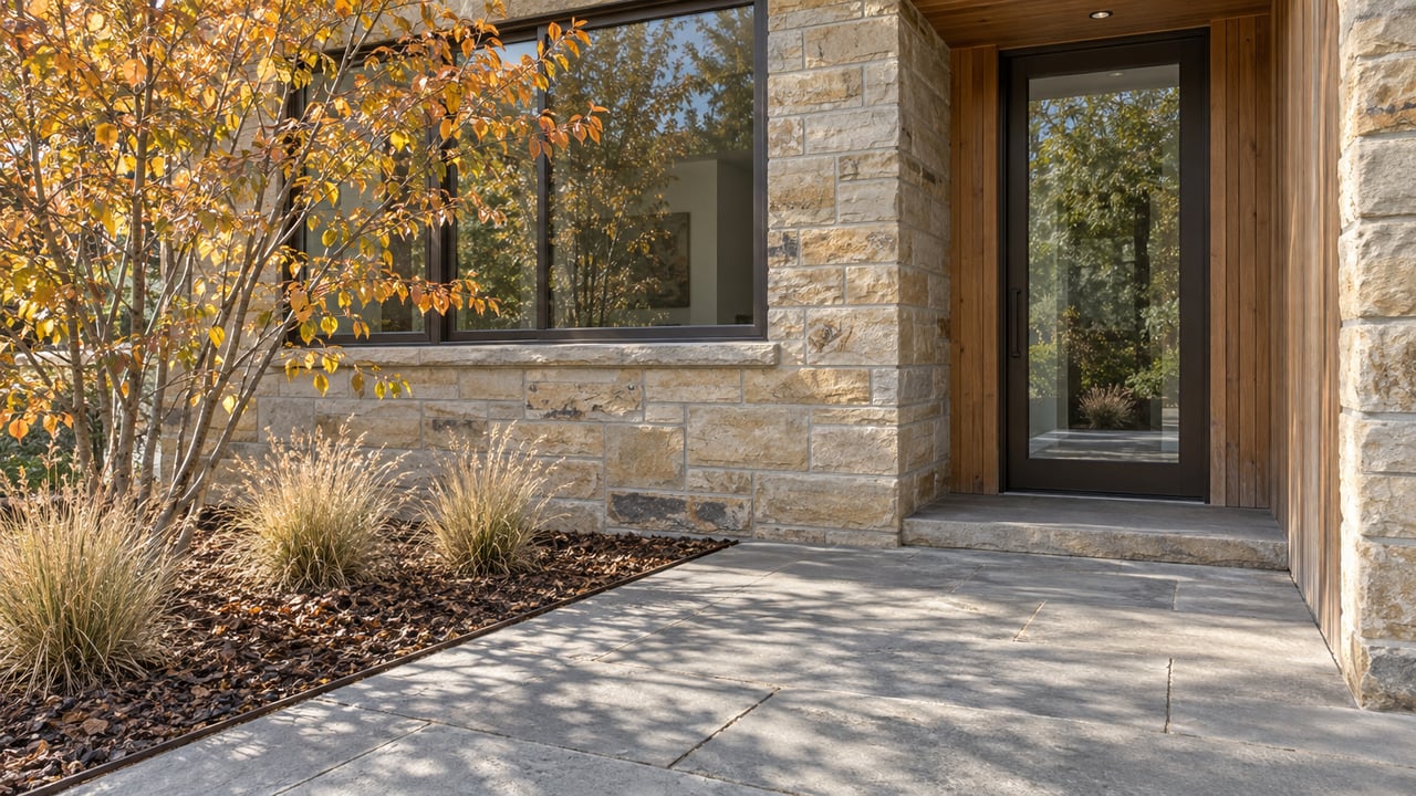 Stone home entrance with a wood-framed glass door, paved walkway, and autumn foliage.