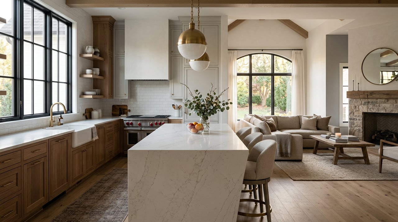 Open kitchen with a veined quartz island, white cabinets, oak beams, and a living room beyond.