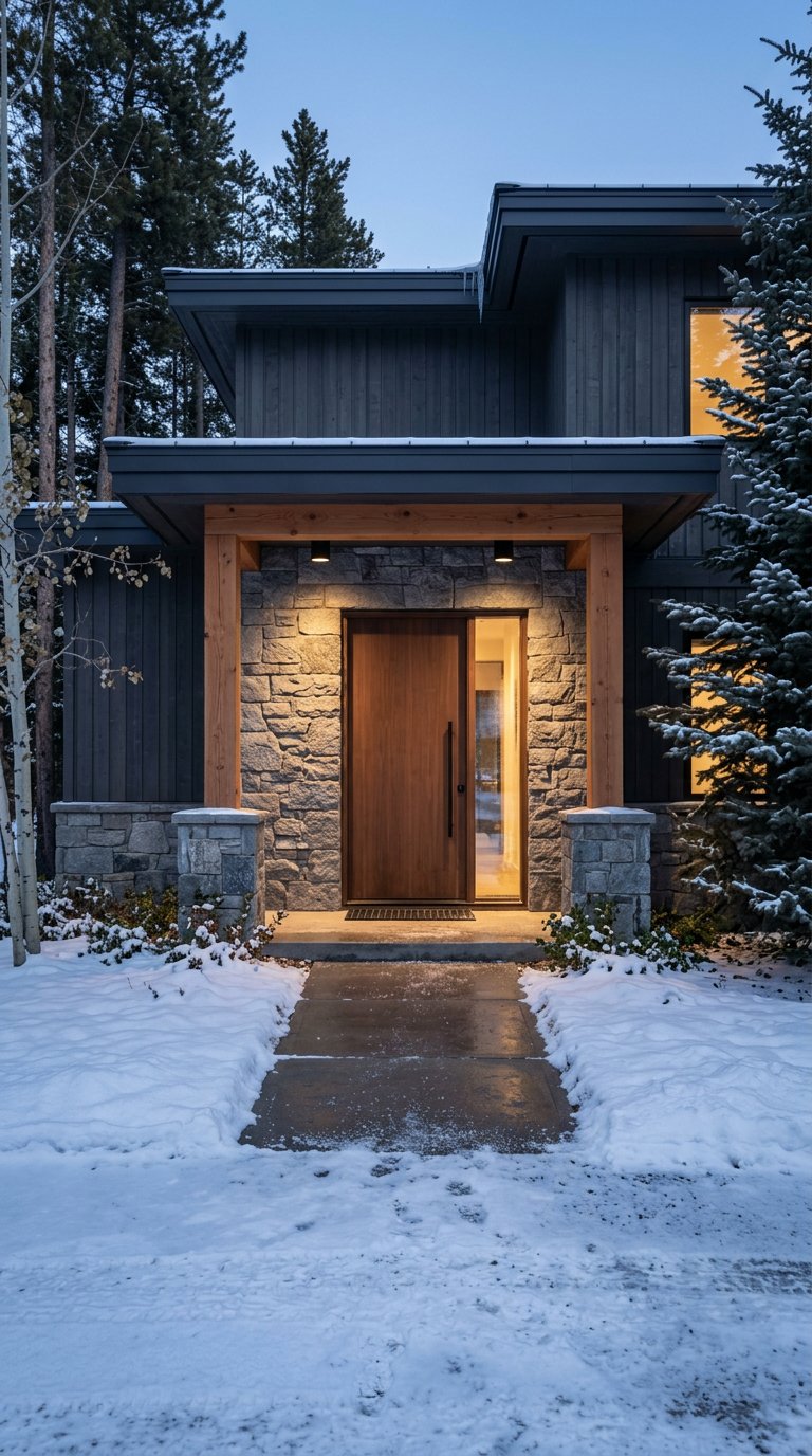 Stone-and-timber mountain home entrance at winter twilight, warmly lit against dark conifers.