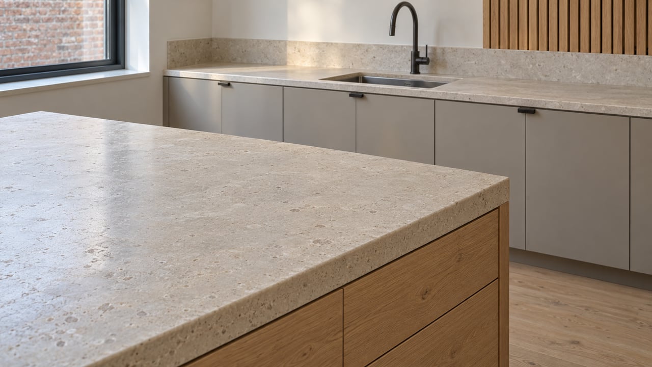 Honed pale stone kitchen island with warm oak drawers, gray cabinetry and a graphite-framed window.