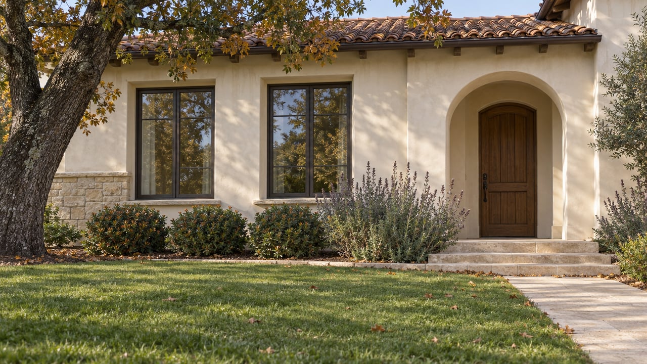 Sunlit stucco home with clay roof tiles, an arched oak entry, limestone steps and a deep lawn edged by sculptural planting.