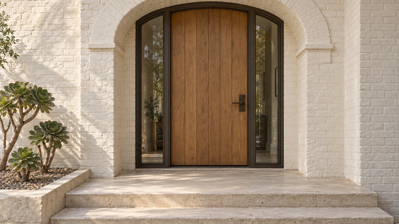 Warm-white brick arch framing an oak front door and paired glazed sidelights above worn limestone steps, with three branching green aeoniums in a raised stone bed.