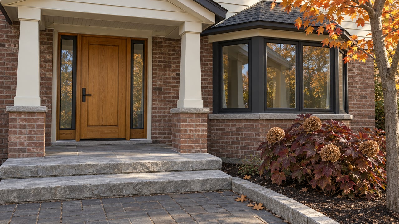 Autumn light on a brick home's oak front door, limestone steps, and orange maple branches.