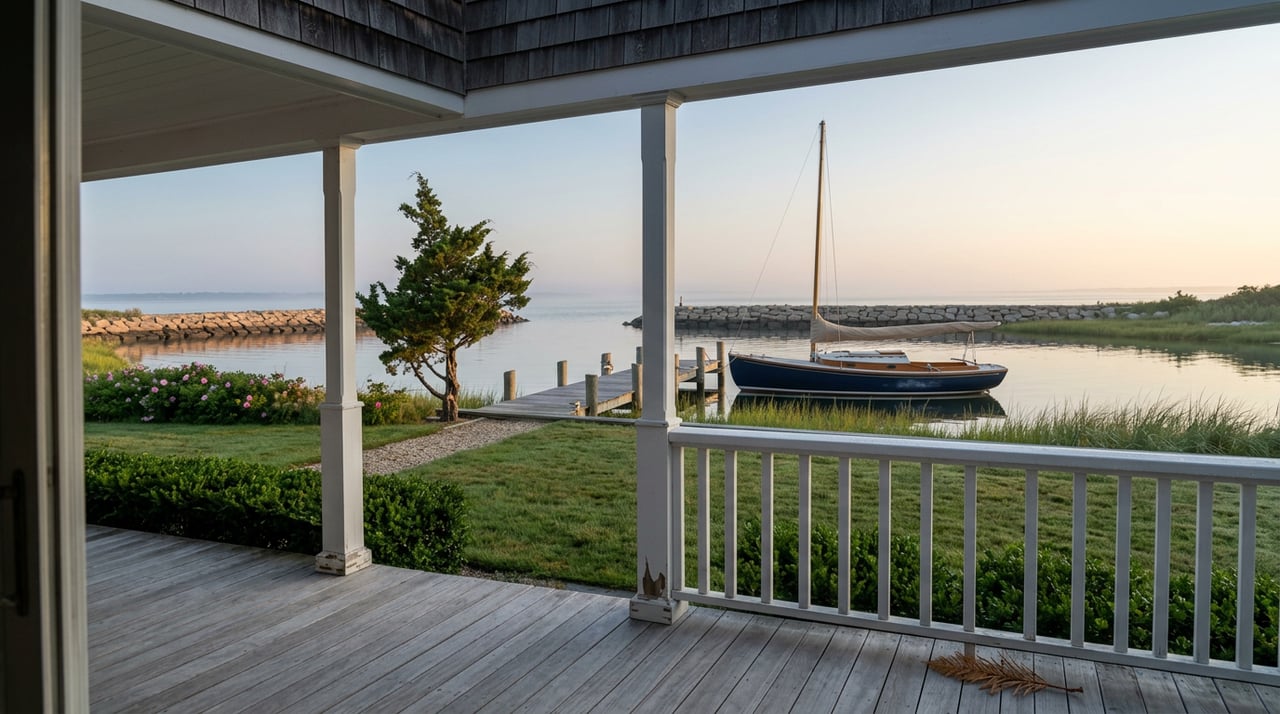 Dawn view over a porch rail to a lawn, pink roses, wooden dock, and navy daysailer on a calm inlet.