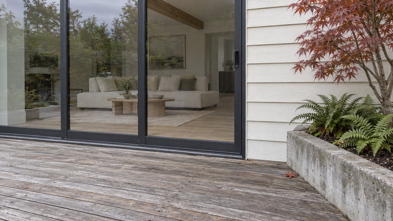 Weathered cedar terrace beside closed dark-framed glass doors, white siding and a concrete planter with a red-leaf maple and sword ferns.