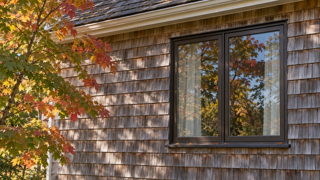Weathered cedar-shingle house wall with a dark-framed window reflecting a maple with green, amber, and red leaves.