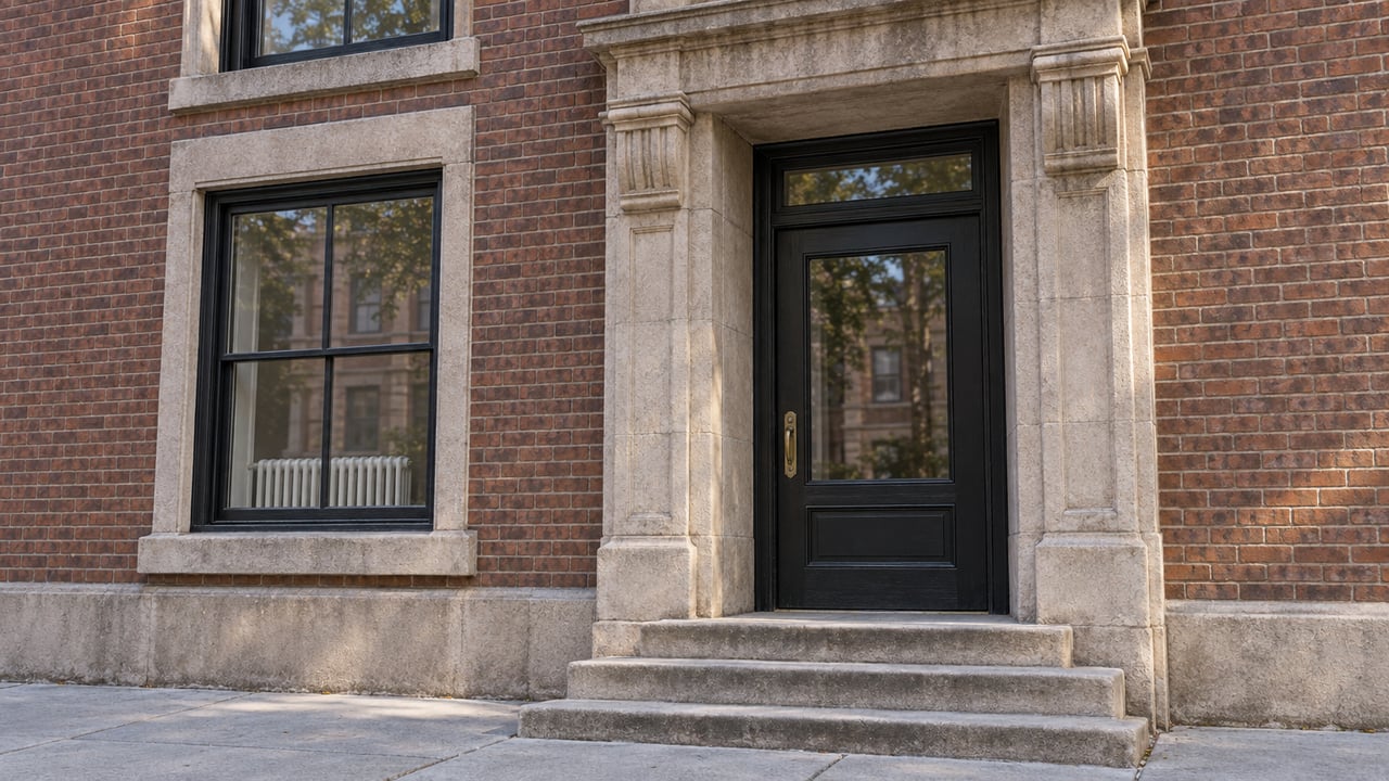 Morning light across a brick apartment entrance with a limestone surround, dark glazed door and worn stone steps.