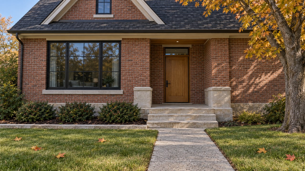 Autumn light on a red brick gabled home with black steel windows, limestone entry steps and a lawn-lined approach.