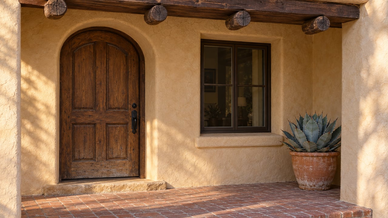 Warm stucco entrance with a recessed paneled wood door, exposed timber beams, brick landing and a potted blue-gray agave.