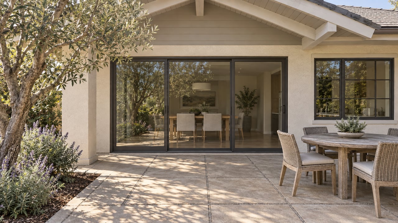 Covered patio with ivory stucco, bronze-framed glass doors, teak outdoor dining furniture and a mature olive tree.