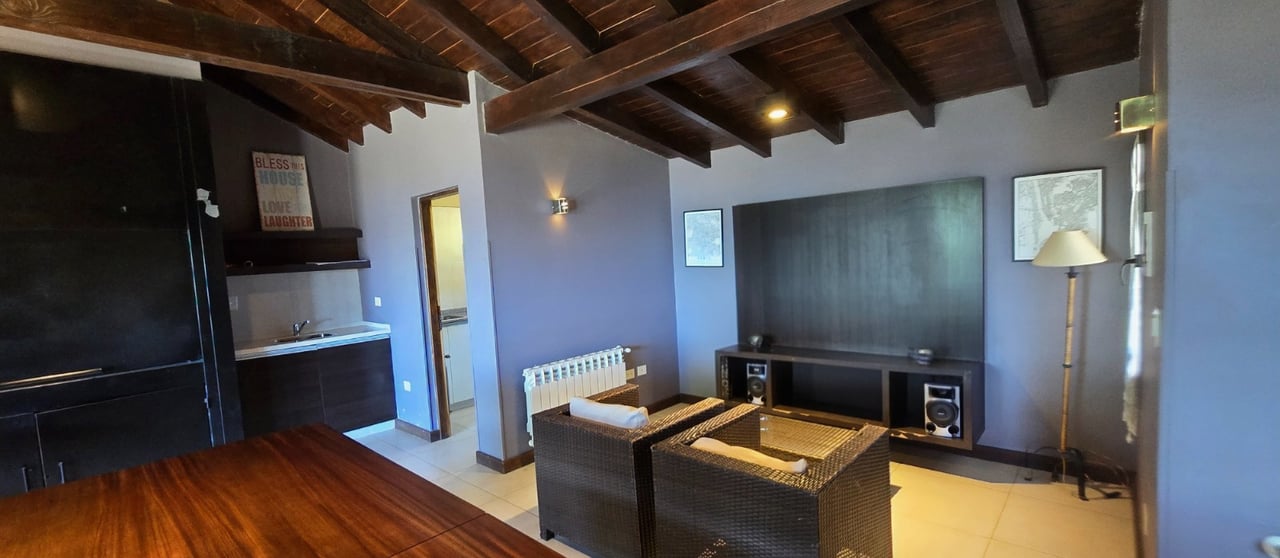 Living room with exposed timber ceiling, wicker seating, and a kitchenette.