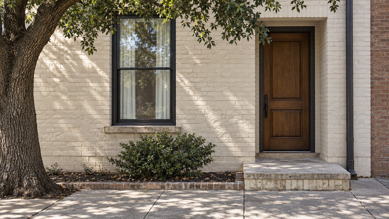 Cream brick home with a recessed oak door, tall window, and live-oak tree beside the sidewalk.