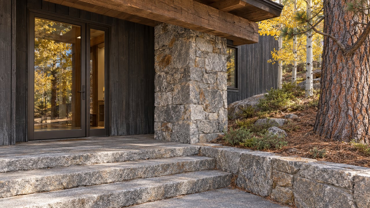 Timber eaves and granite steps frame a closed glass entry beside yellow autumn leaves and a mature pine.