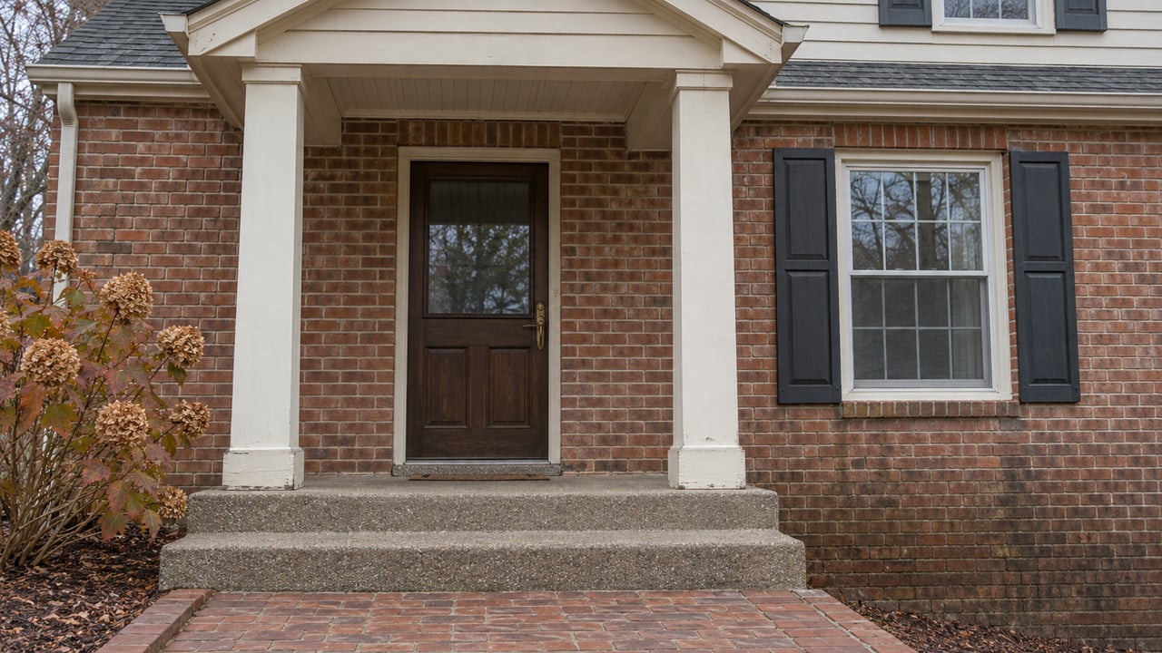 A covered brick-house entry with ivory columns, a walnut door, charcoal shutters and russet oakleaf hydrangea beside weathered concrete steps.