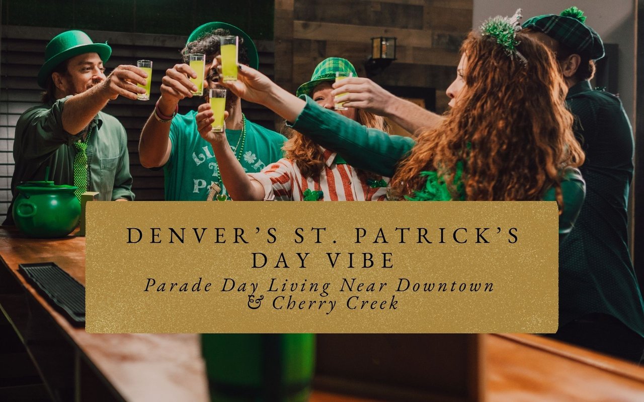 Pedestrian walking past shops and patios in Cherry Creek North, Denver, decorated with subtle green St. Patrick’s Day touches