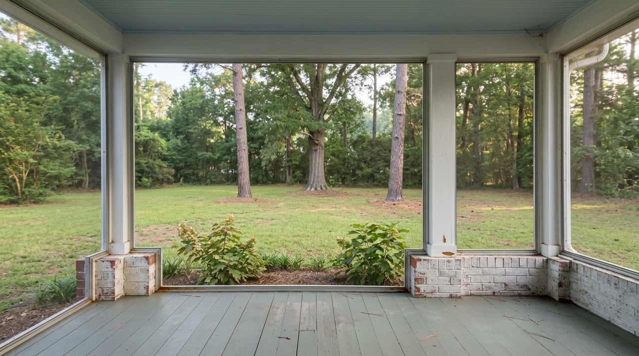 Screened porch with gray-green floorboards overlooking a mown lawn, hydrangeas, and a tree line.