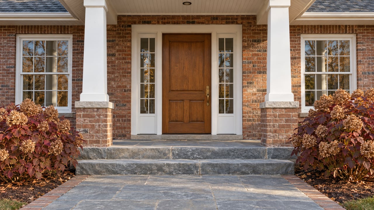 Brick home entry with an oak door, matching glazed sidelights, white porch columns, blue-gray stone steps and burgundy oakleaf hydrangeas.