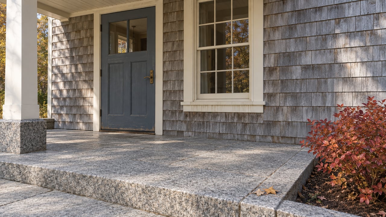 Weathered cedar-shingle entrance with a slate-blue door, ivory window trim, granite landing and red autumn blueberry foliage.