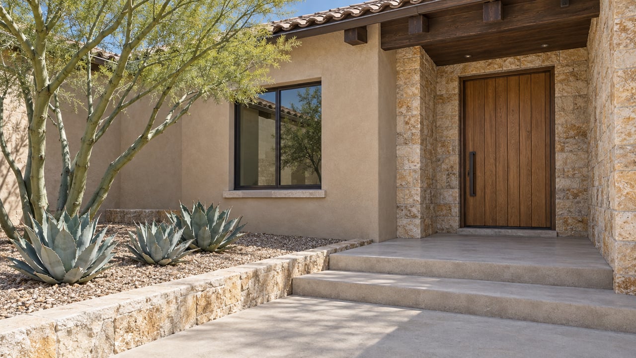 Sand-stucco home entry with limestone detailing, a timber door, pale concrete steps and sculptural desert planting.