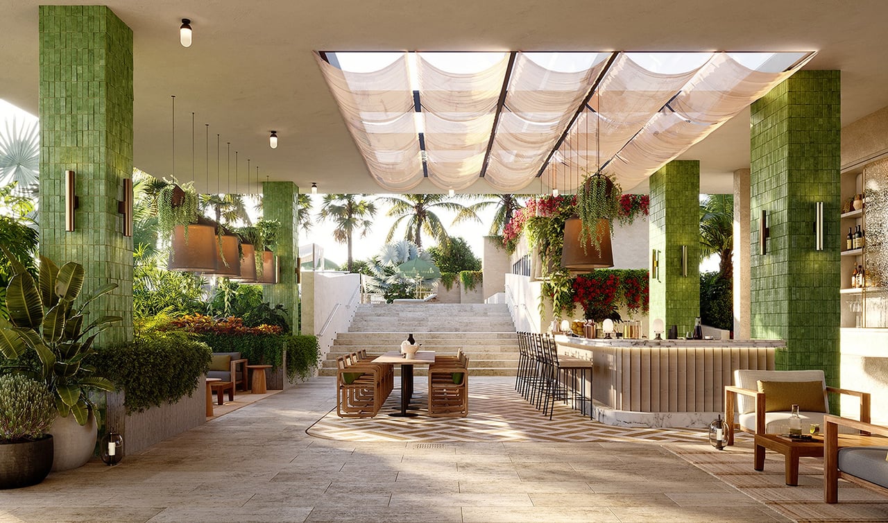 Rendering of arrival lobby at THE WELL Coconut Grove in Miami, Florida.