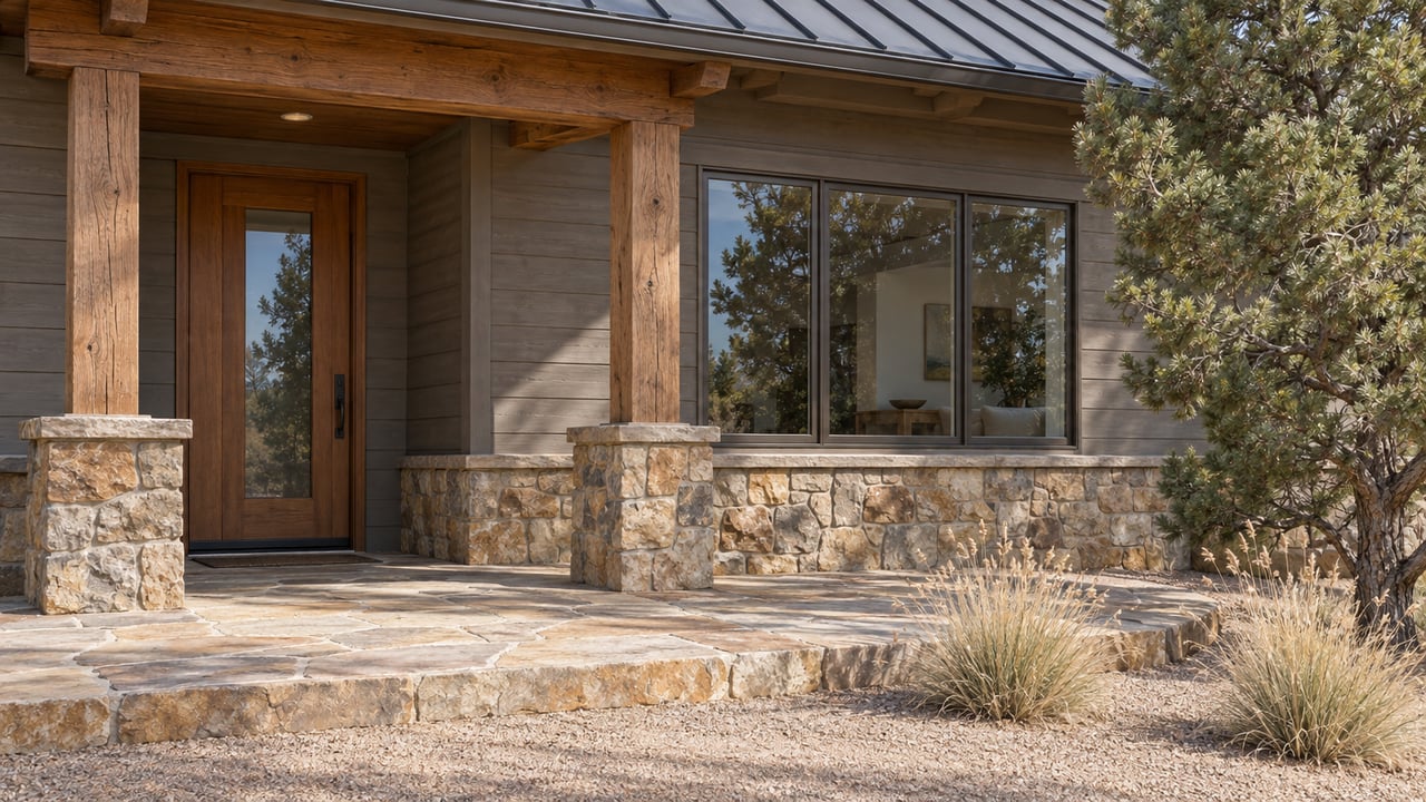 A timber-covered entry with a wood door, bronze-framed windows, weathered siding and sandstone paving beside a mature pinyon pine.