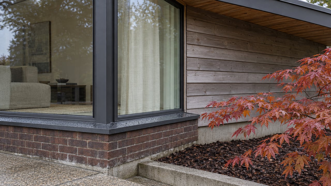 Close view of a cedar-clad home's corner window, brick base, and copper-red maple leaves beside a concrete-edged planting bed.