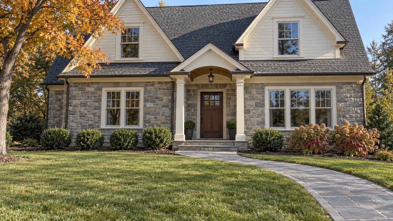 Stone-and-ivory-sided home with steep gables, a broad autumn lawn, an amber maple and a bluestone entry walk.