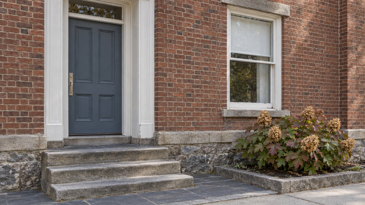 A blue-gray front door and white-trimmed windows in an aged brick rowhouse, above stone steps beside an oakleaf hydrangea.
