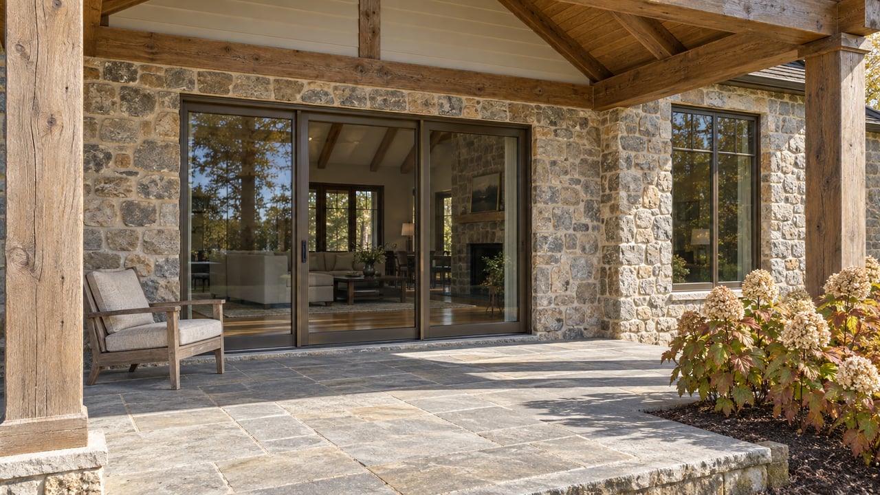 A covered terrace with weathered timber beams, stone walls, bronze-framed glass doors, and oakleaf hydrangeas beside sandstone paving.