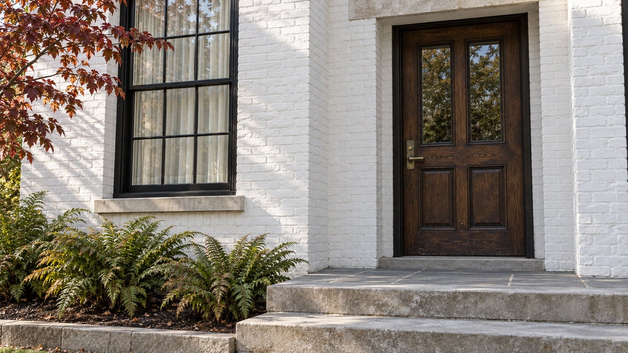 White-painted brick entry with a dark oak door, divided-light window, weathered stone steps, and burgundy dogwood leaves.