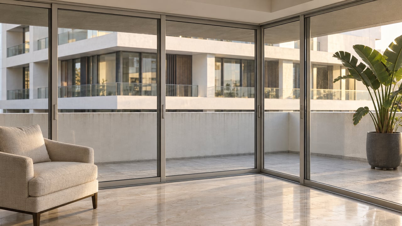 Sunlit luxury living room with limestone flooring, a linen chair and closed glass doors opening visually onto a planted balcony.