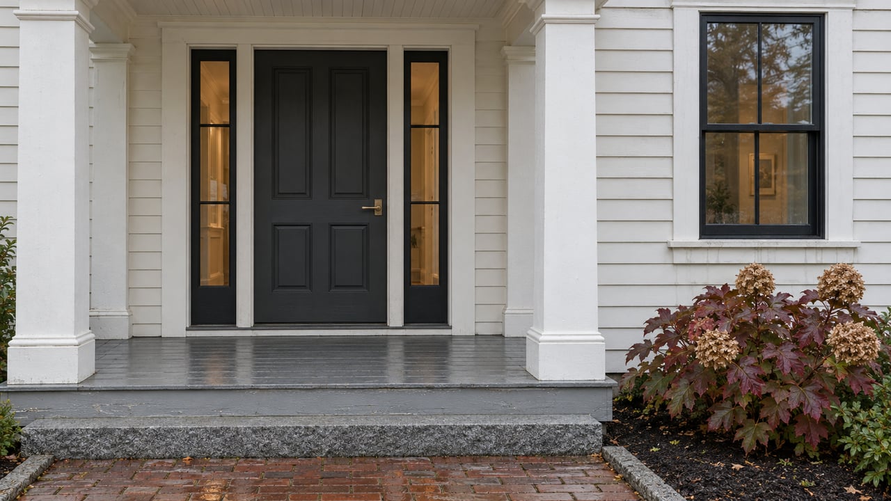 White clapboard entry with a charcoal door, paired glazed sidelights, weathered porch boards and burgundy oakleaf hydrangea beside a brick approach.