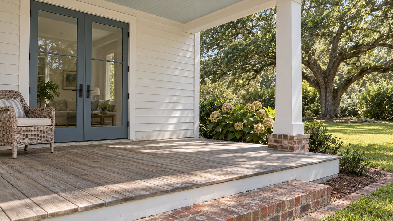 Sunlit covered porch with white clapboard siding, slate-blue glazed double doors, weathered wood decking and a brick step overlooking a planted yard.