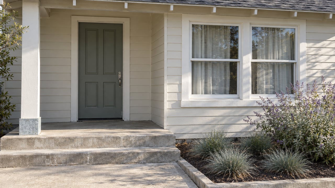 Sunlit cream-sided home entry with a gray-green door, paired windows, concrete porch steps and silvery flowering plants.