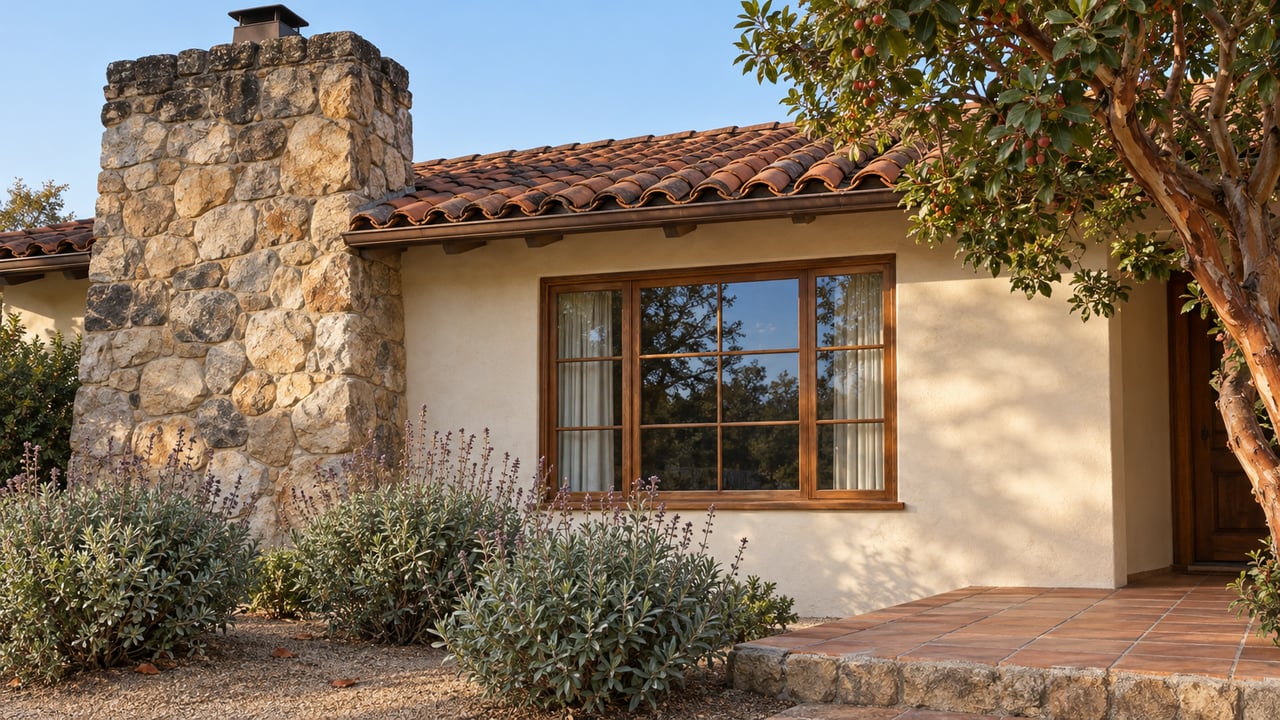Sunlit stone chimney, clay-tile roof and wood-framed window above a terracotta landing and planted garden bed.