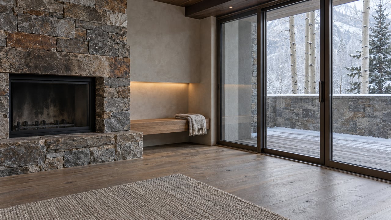 Mountain condominium great room with a quartzite fireplace, oak bench, and snowy balcony beyond glass.