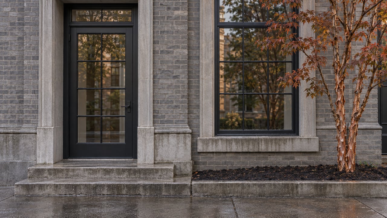 Gray brick townhouse entrance with black divided-light glazing, limestone steps and a copper-barked paperbark maple.