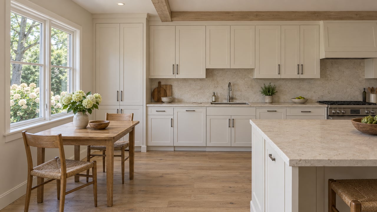 Kitchen breakfast nook with an oak table beside a window overlooking a leafy side yard.