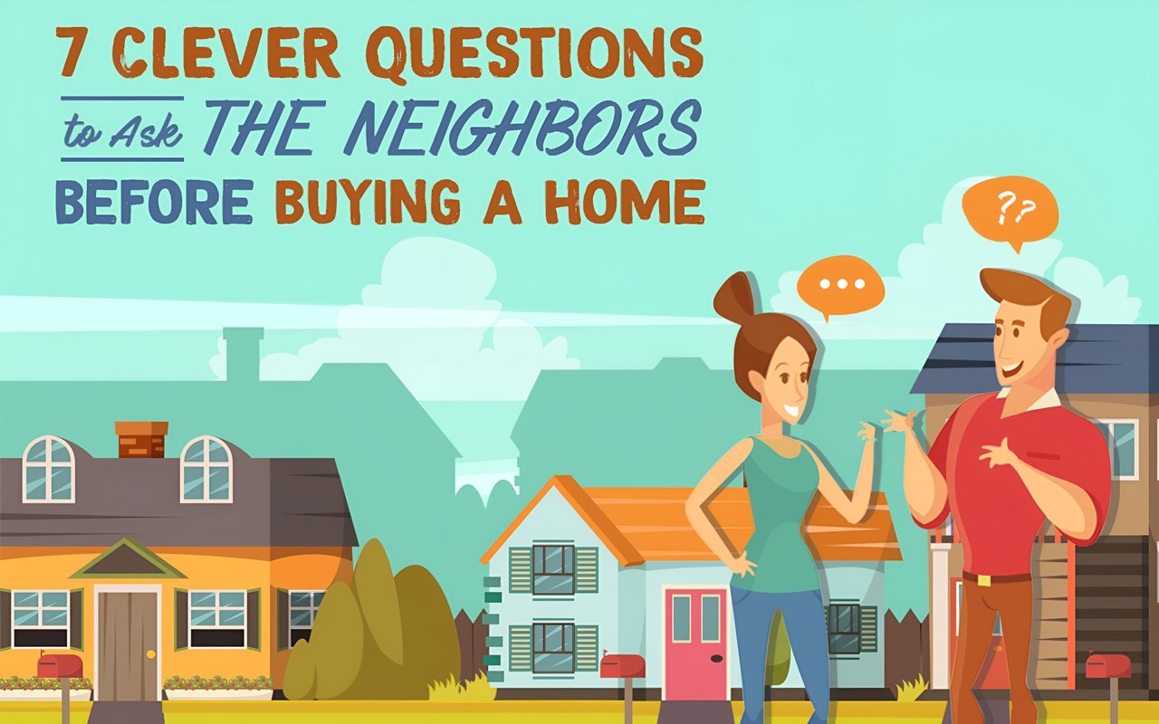 Illustrated neighbors talking in front of houses beneath a headline about questions to ask before buying a home.
