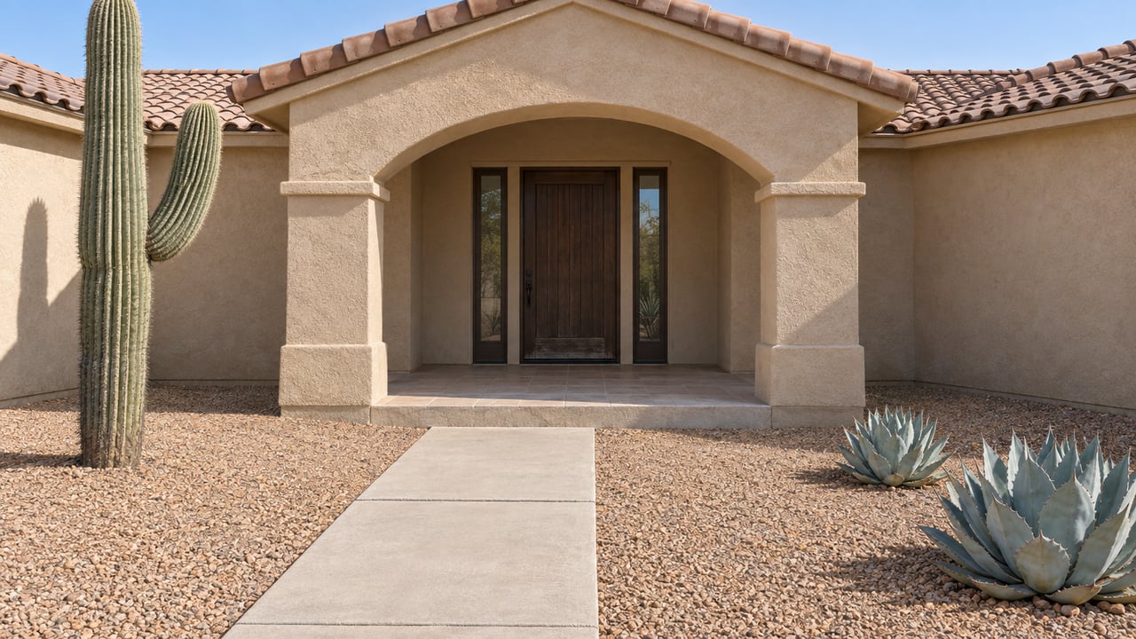 Sand-colored stucco home with a tiled roof, shaded arched entry, concrete approach, one mature saguaro and two agave rosettes in a gravel yard.