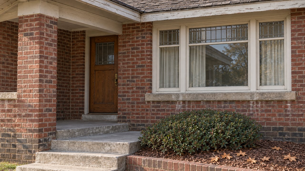 Sunlit red-brick bungalow porch with an oak door, cream-painted leaded windows, and worn concrete steps.