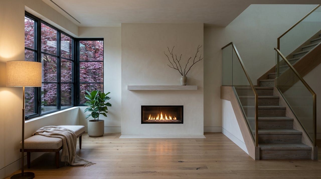 Great room with plaster fireplace, linen-shaded lamp, steel window framing a maple, and oak stairs.