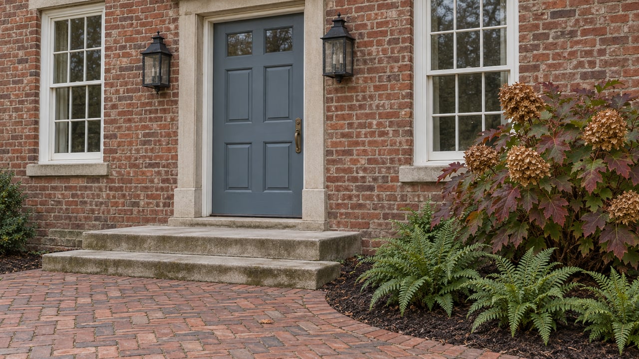 Blue-gray paneled door between sash windows and black lanterns, above worn limestone steps and a brick walk bordered by oakleaf hydrangea and evergreen ferns.