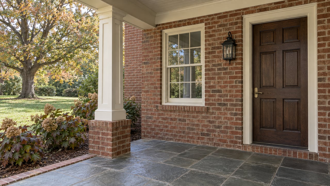 Covered brick porch with a dark oak entry door, ivory column, slate flooring and a view of a mature oak and hydrangeas.
