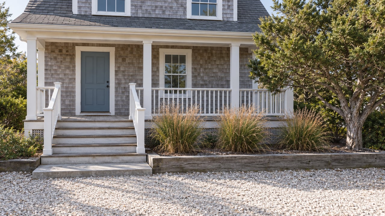 Weathered gray shingle cottage with a blue front door, white porch rails, crushed-shell approach and tawny autumn planting.
